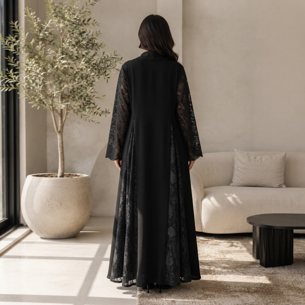 guess Black Open-Front Abaya with Floral Lace Panels