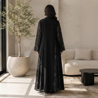 guess Black Open-Front Abaya with Floral Lace Panels