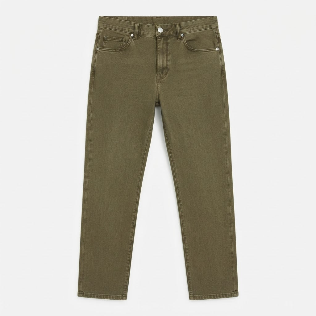 [WearU Generated:merch_clean_front] Olive Green Cotton Denim Tapered Jeans – front view
