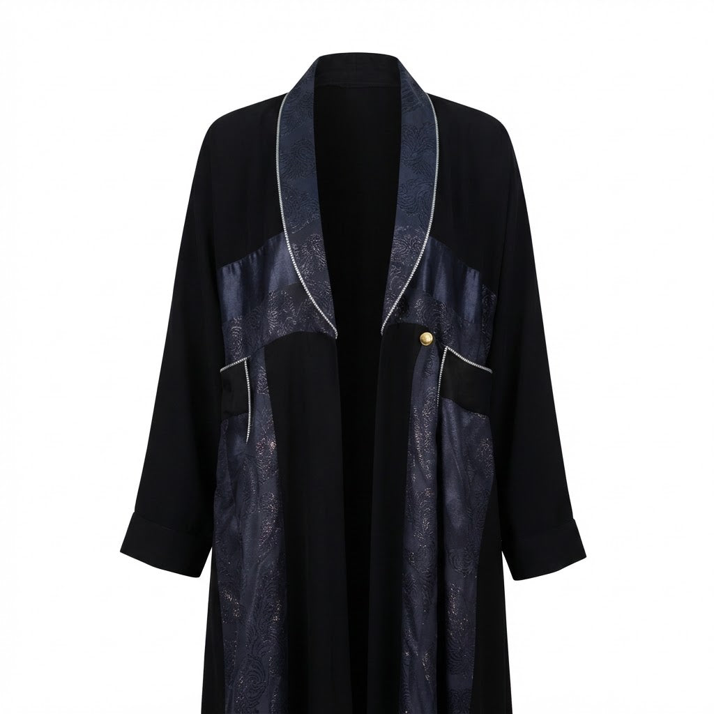 Women's Black & black Metallic Jacquard Open Abaya