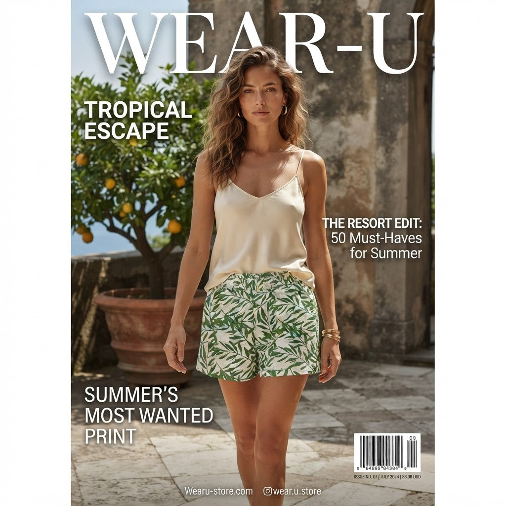 Vibrant Green Botanical Leaf Print Elastic Waist Shorts