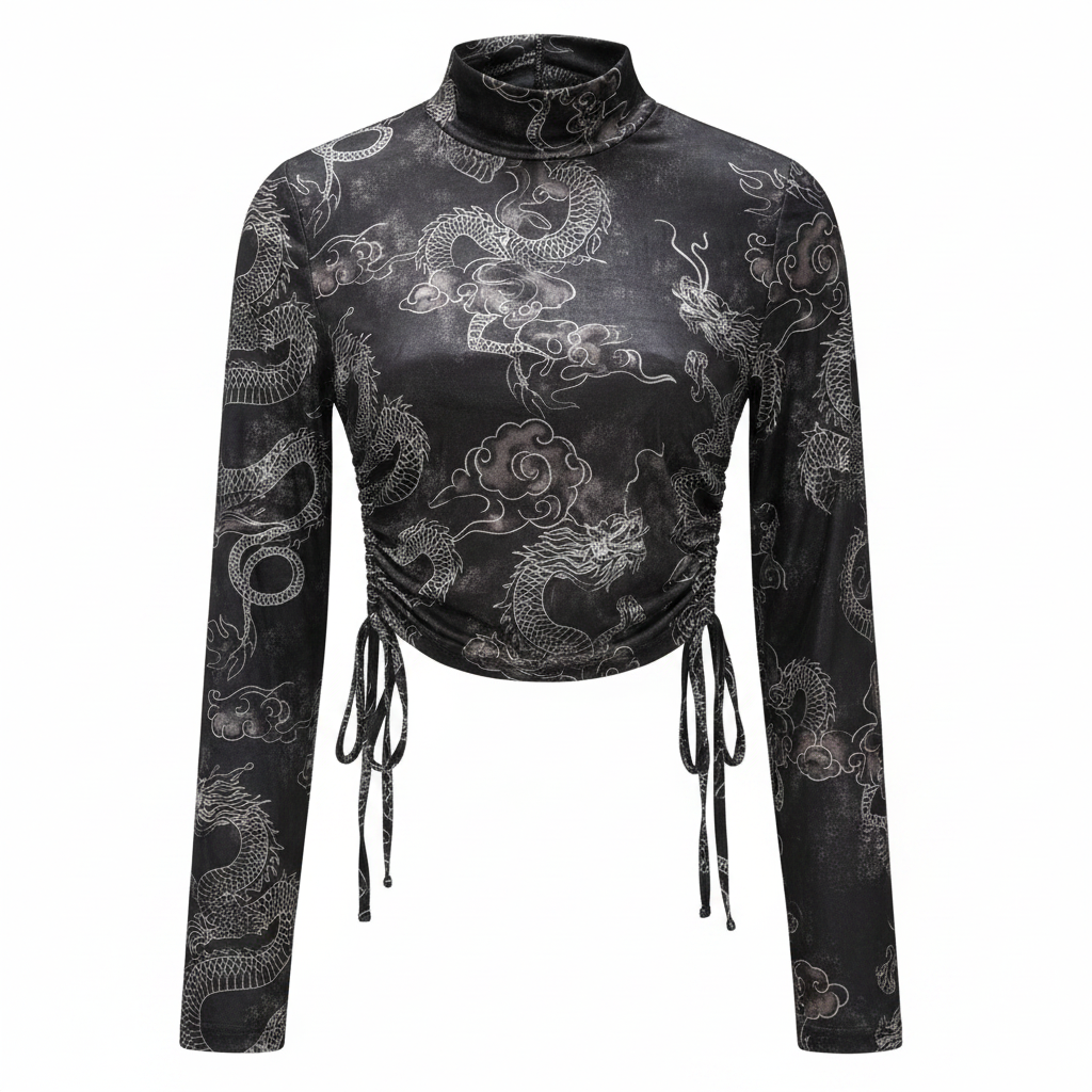 Women's Black Dragon Print Ruched Tie Crop Top