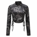 Women's Black Dragon Print Ruched Tie Crop Top