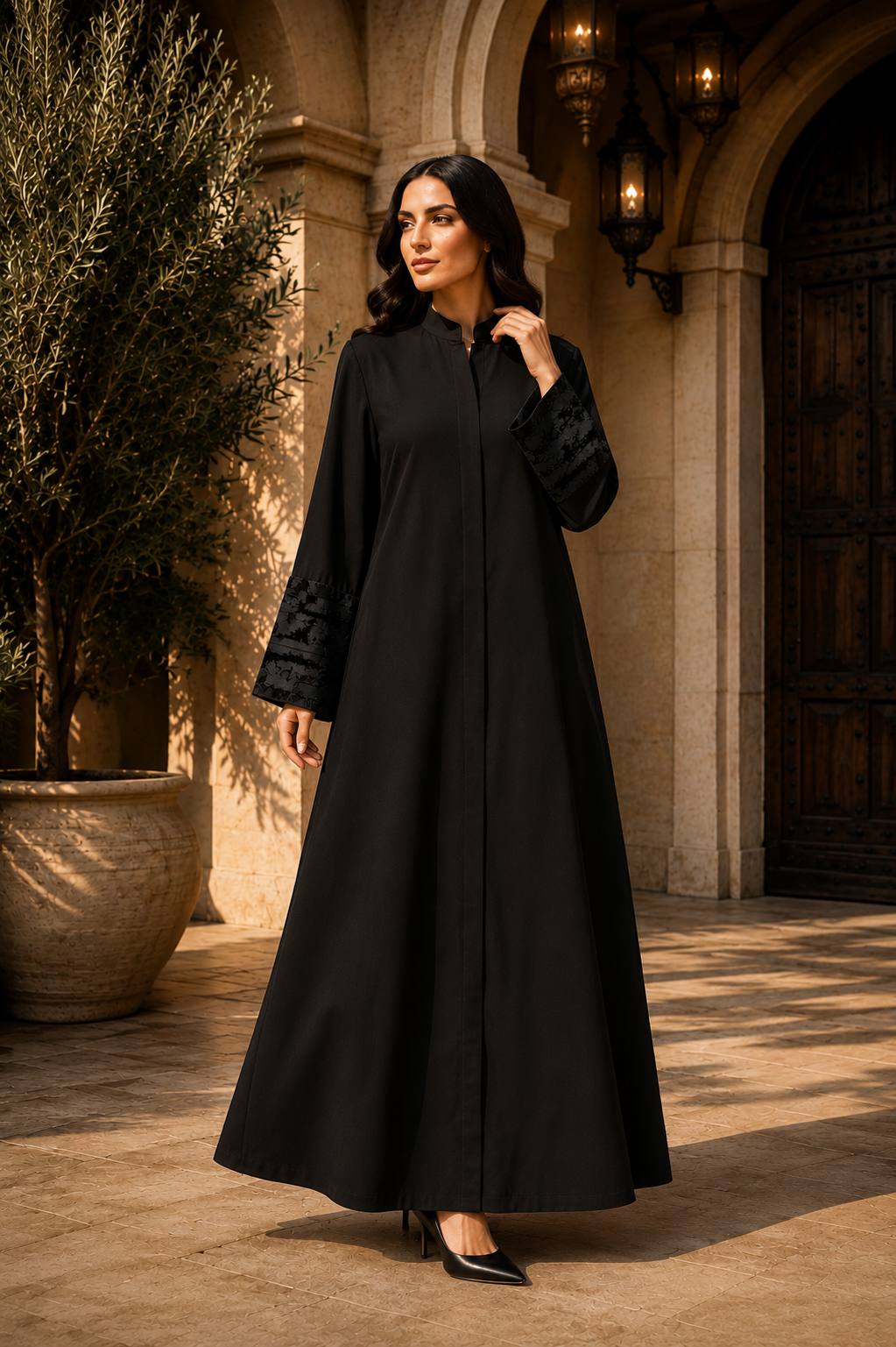 Women's Black Modest Abaya with Velvet Floral Cuffs