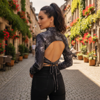 Women's Black Dragon Print Ruched Tie Crop Top