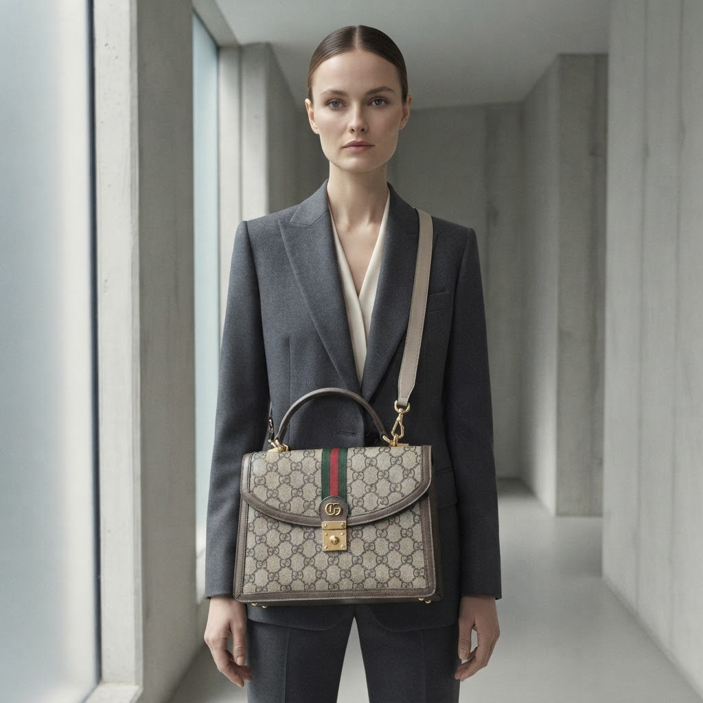 GUCCI Monogram Canvas Top Handle Bag with Web Stripe