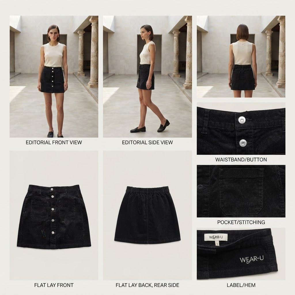 Black Button-Down Corduroy Mini Skirt with Patch Pockets