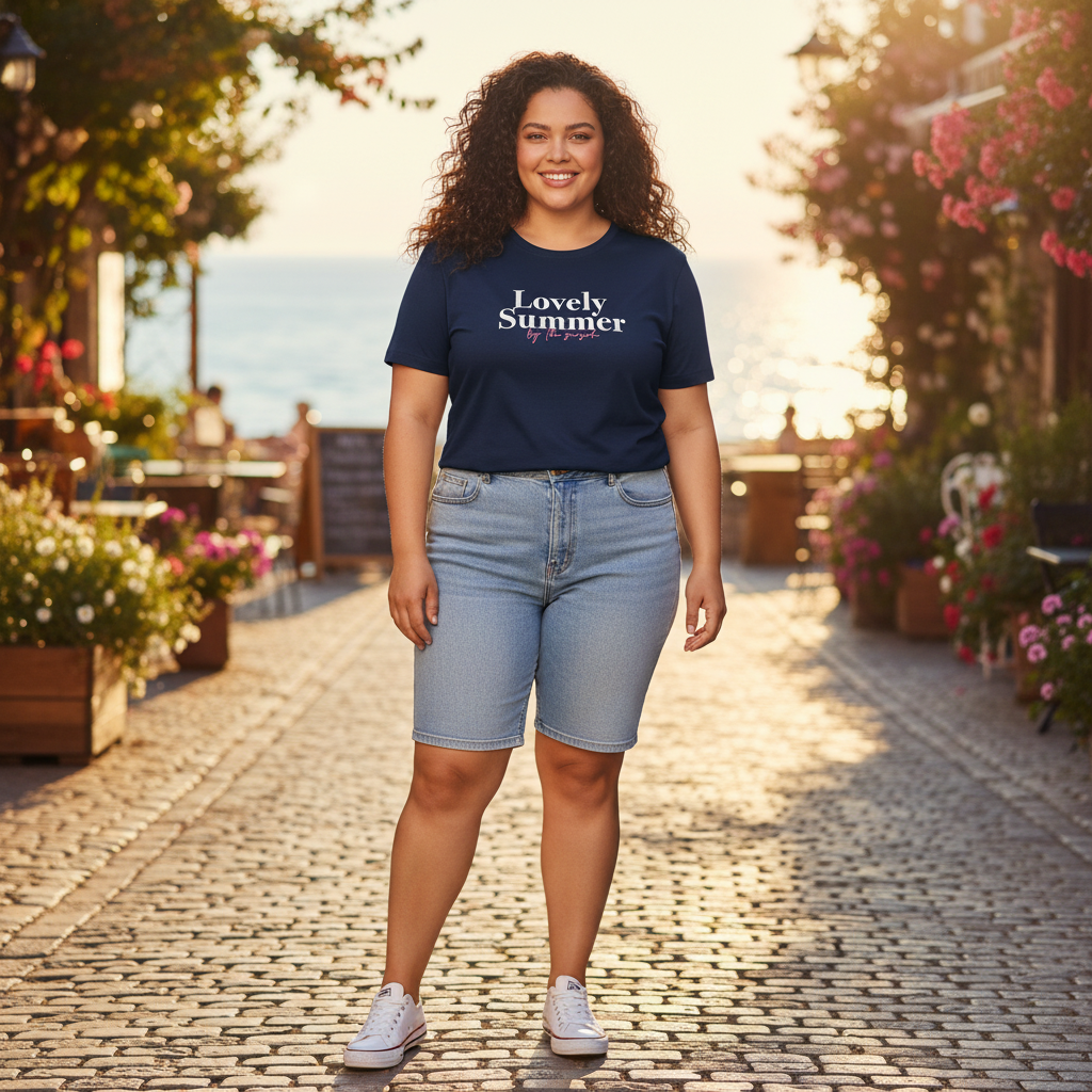 Women's Navy Blue Seaside Graphic Summer T-Shirt