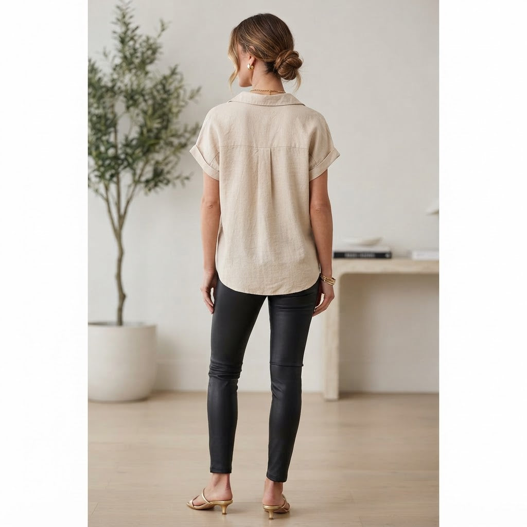 dotti. Women's Beige Relaxed Short-Sleeve Linen Blend Shirt