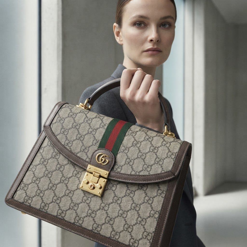 GUCCI Monogram Canvas Top Handle Bag with Web Stripe
