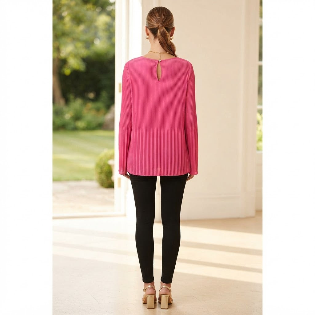 Women's Bright Pink Pleated Long Sleeve Blouse