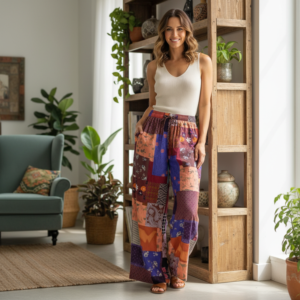Women's Colorful Patchwork Wide-Leg Boho Pants