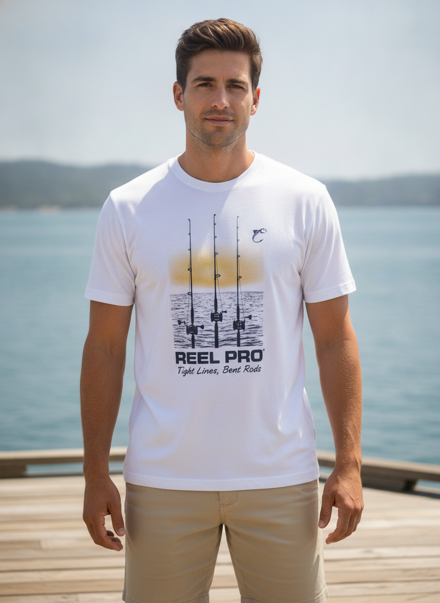 Reel Pro Fishing White Short-Sleeve Graphic T-Shirt with Fis