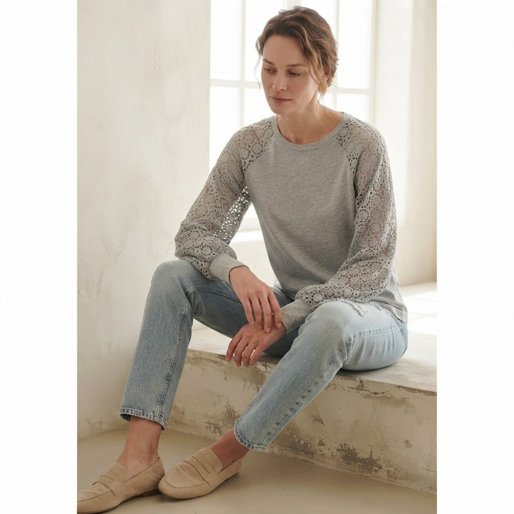 EMERY ROSE Light Heather Grey Top with Crochet Lace Sleeves