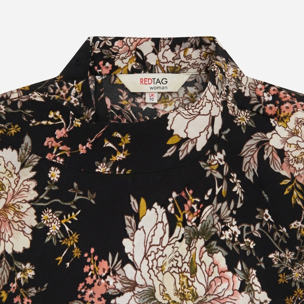 Women's Black Floral Ruffle High-Neck Blouse