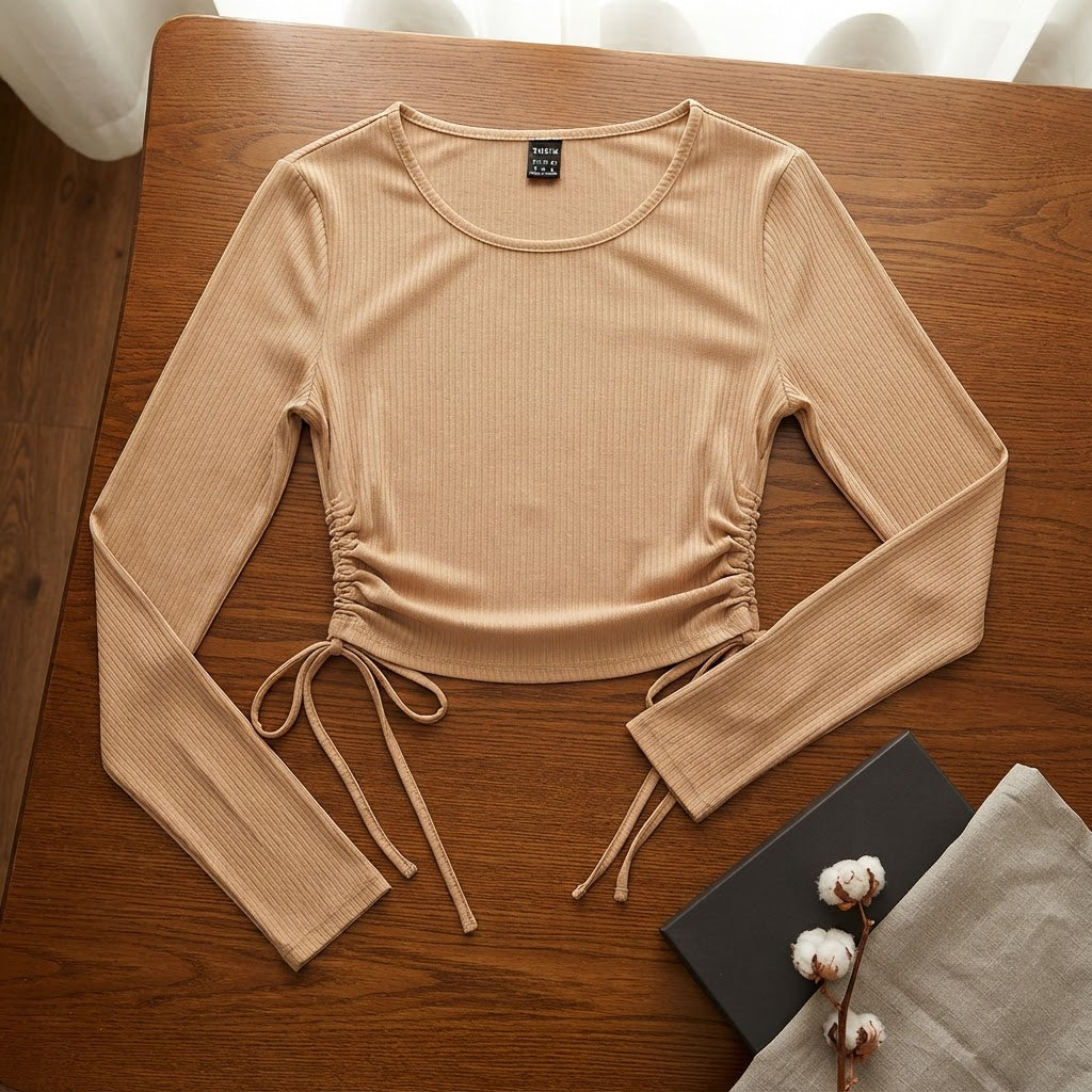 SHEIN Sandy Beige Ribbed Long-Sleeve Cropped Top with Side R