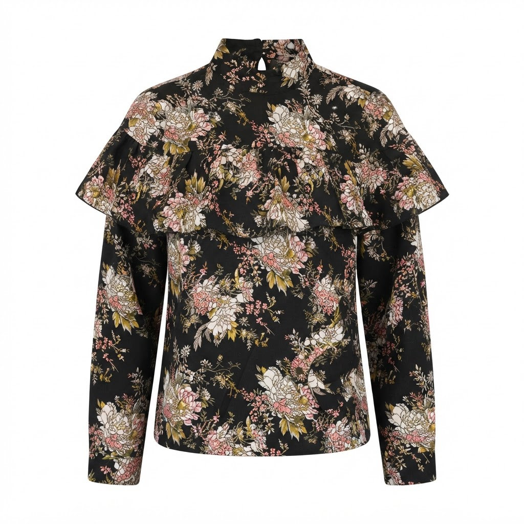 Women's Black Floral Ruffle High-Neck Blouse