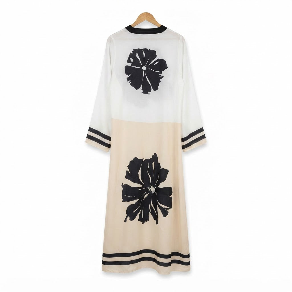 Koton Women's White and white Floral Print Long Open-Front Abaya