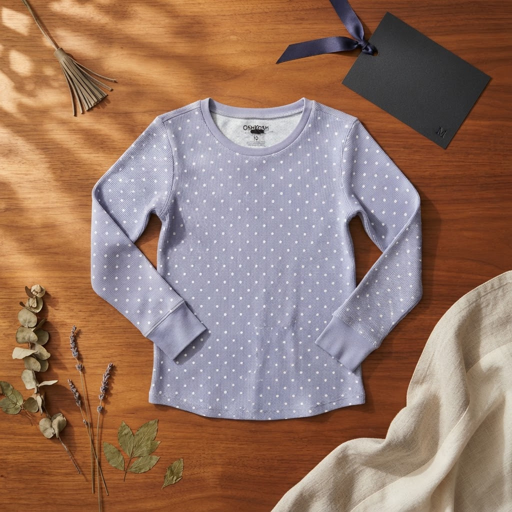 [WearU Generated:merch_flat_lay] OshKosh Periwinkle Blue Polka Dot Long-Sleeve Crew Neck Top – flat lay view