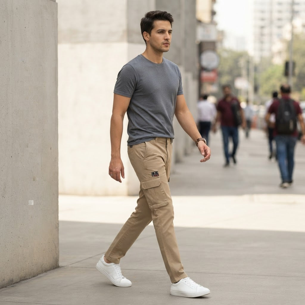 FINEROSE VIP Khaki Slim Fit Multi-Pocket Cargo Trousers