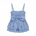 Blue Smocked Bow Tiered Sleeveless Summer Top