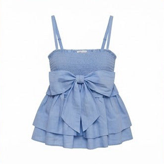 Blue Smocked Bow Tiered Sleeveless Summer Top