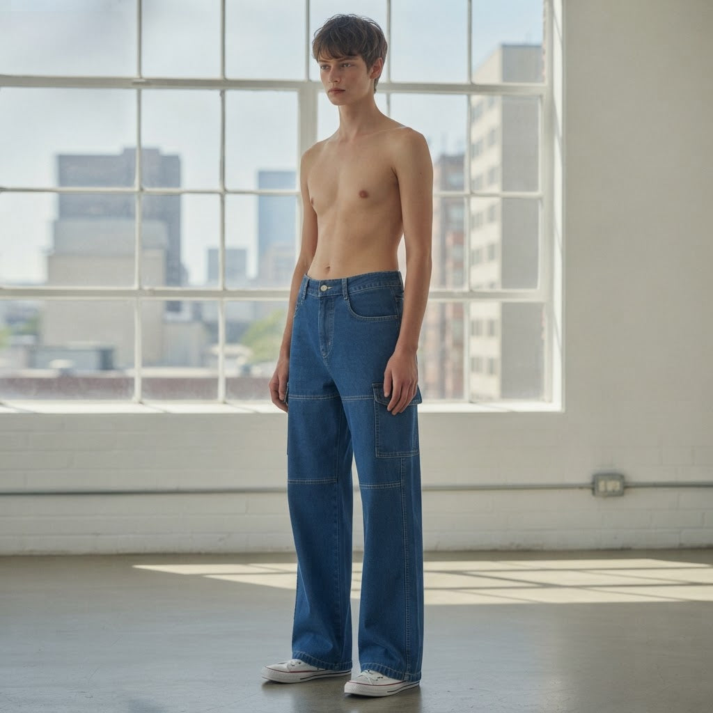 off-white Medium Blue Wide Leg Cargo Denim Jeans with Contra