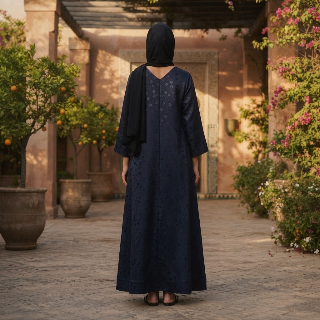 Navy Blue Floral Jacquard Long Modest V-Neck Dress