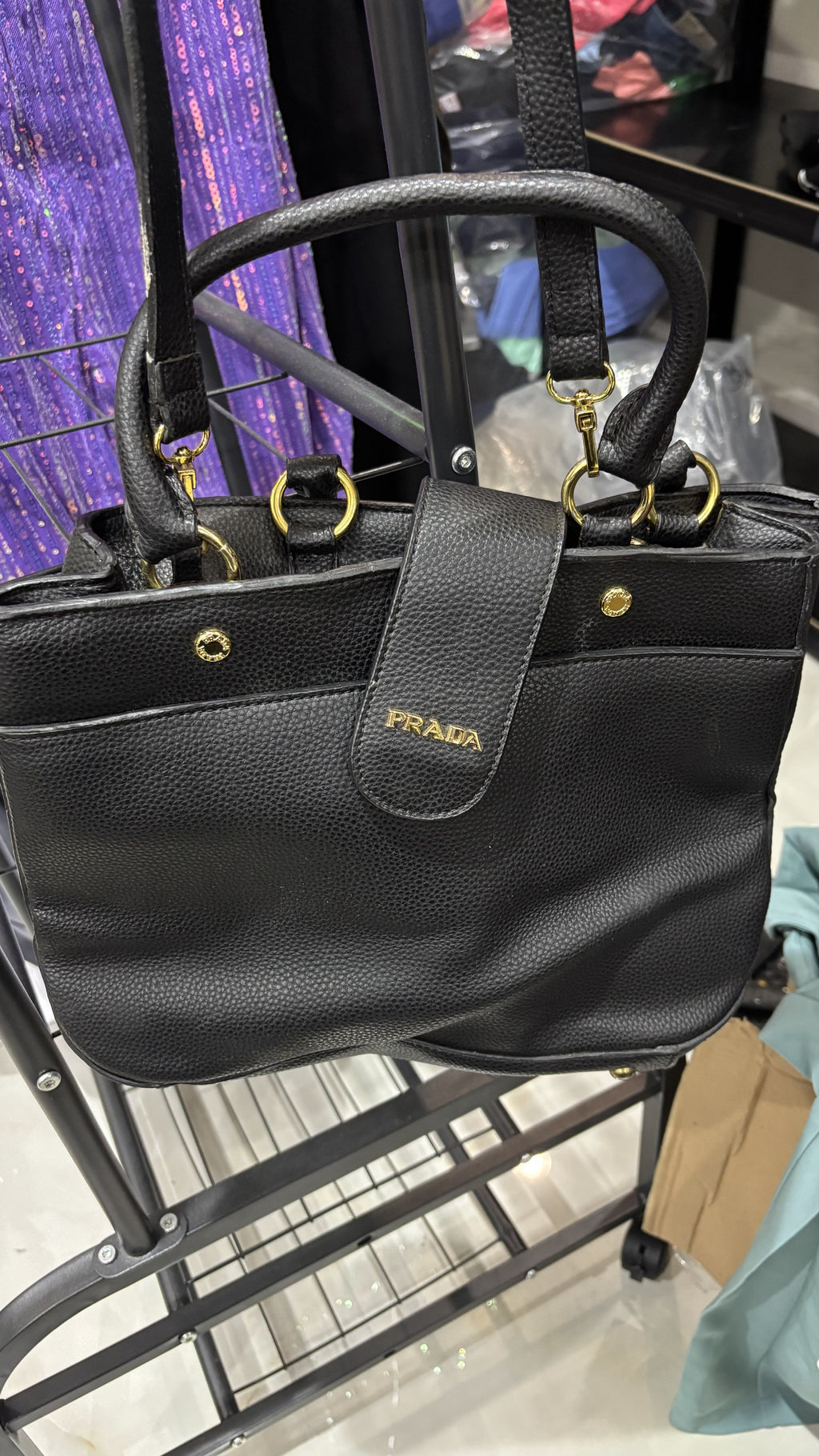 PRADA PRADA Black Grained Leather Top-Handle Tote