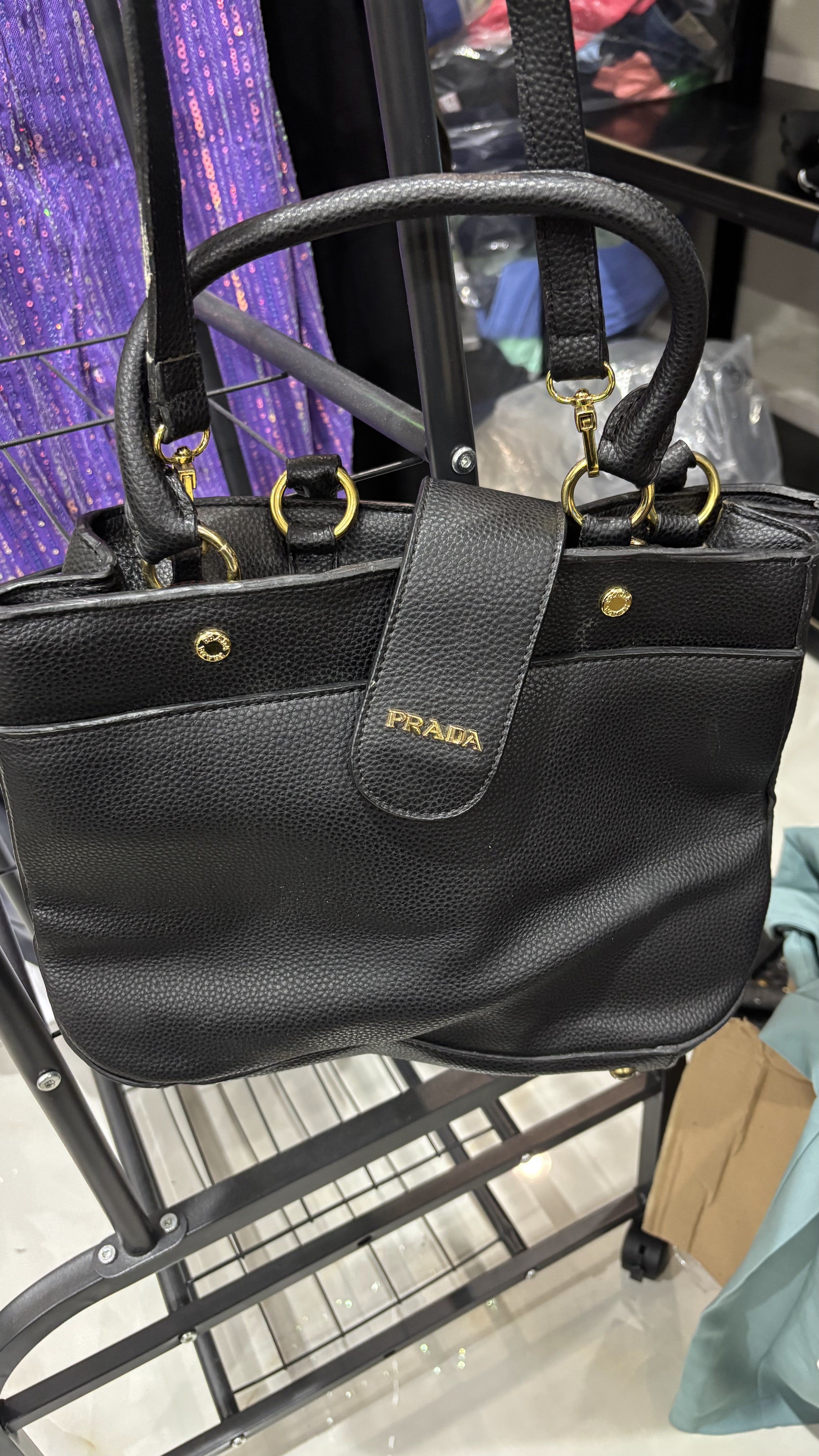 PRADA PRADA Black Grained Leather Top-Handle Tote