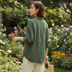 Women's Relaxed Olive Green V-Neck Long Sleeve Shirt