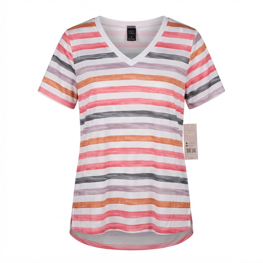 Emery Rose Emery Rose Multi-Stripe V-Neck Short Sleeve Relax