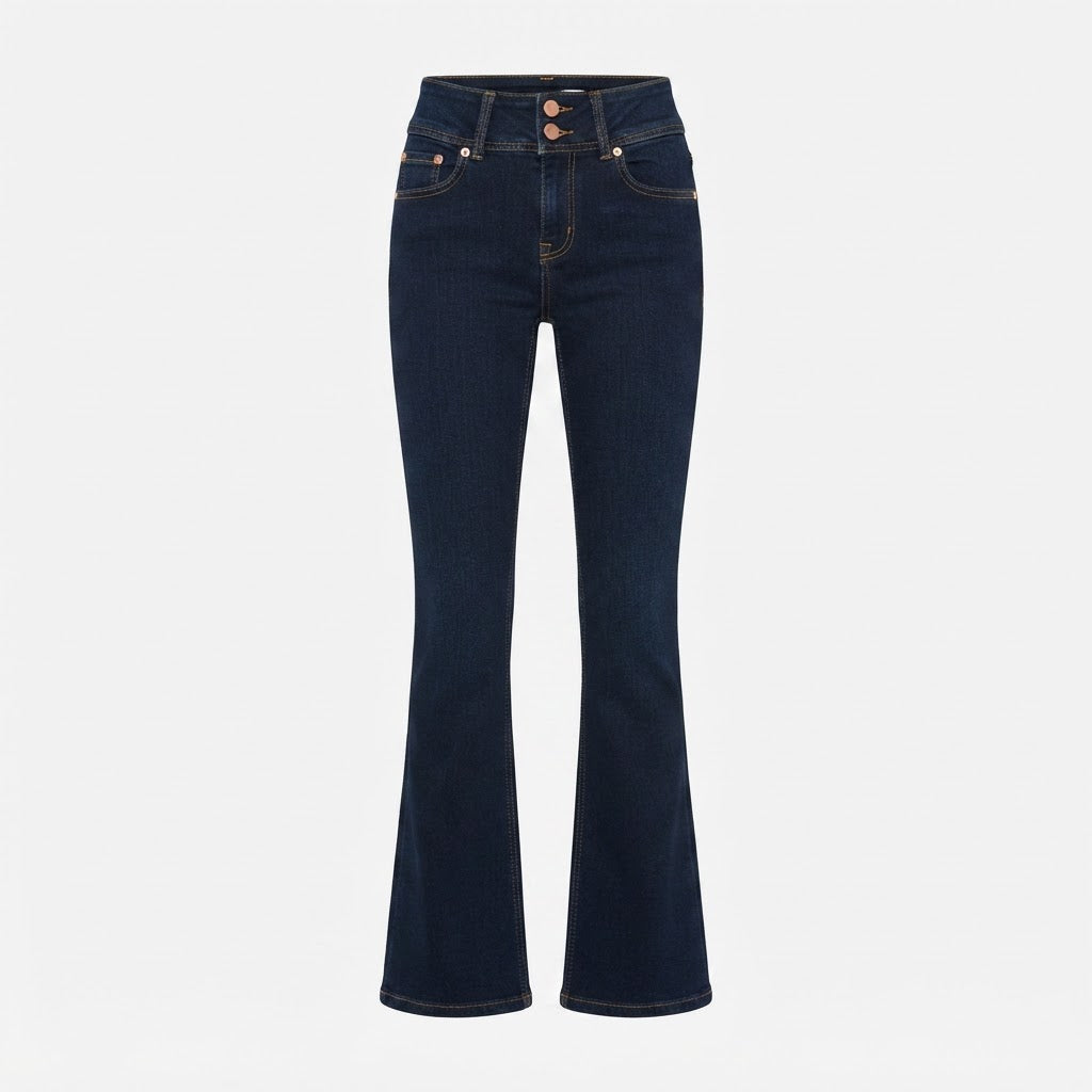 Bershka Dark Indigo Flared Jeans with Amber Contrast Stitchi