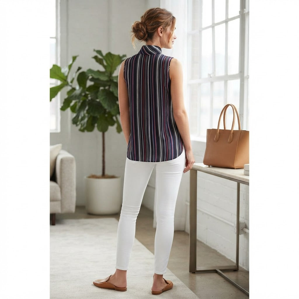 Women's Black Vertical Stripe Sleeveless High-Neck Blouse