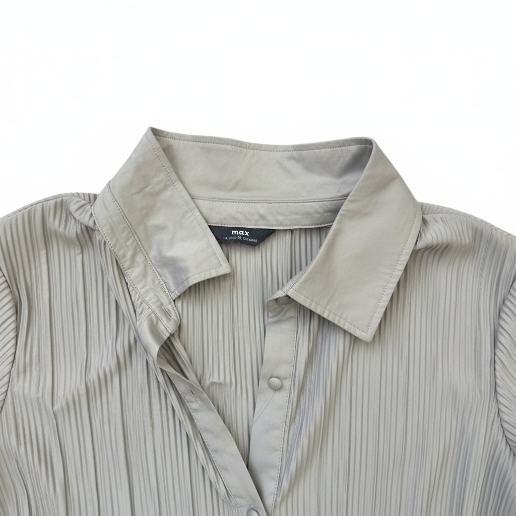 Women's Light Grey Plissé Pleated Button-Up Shirt