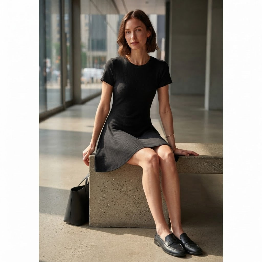 [WearU Generated:campaign_2] Black Cotton Blend A-line Mini Dress – detail view