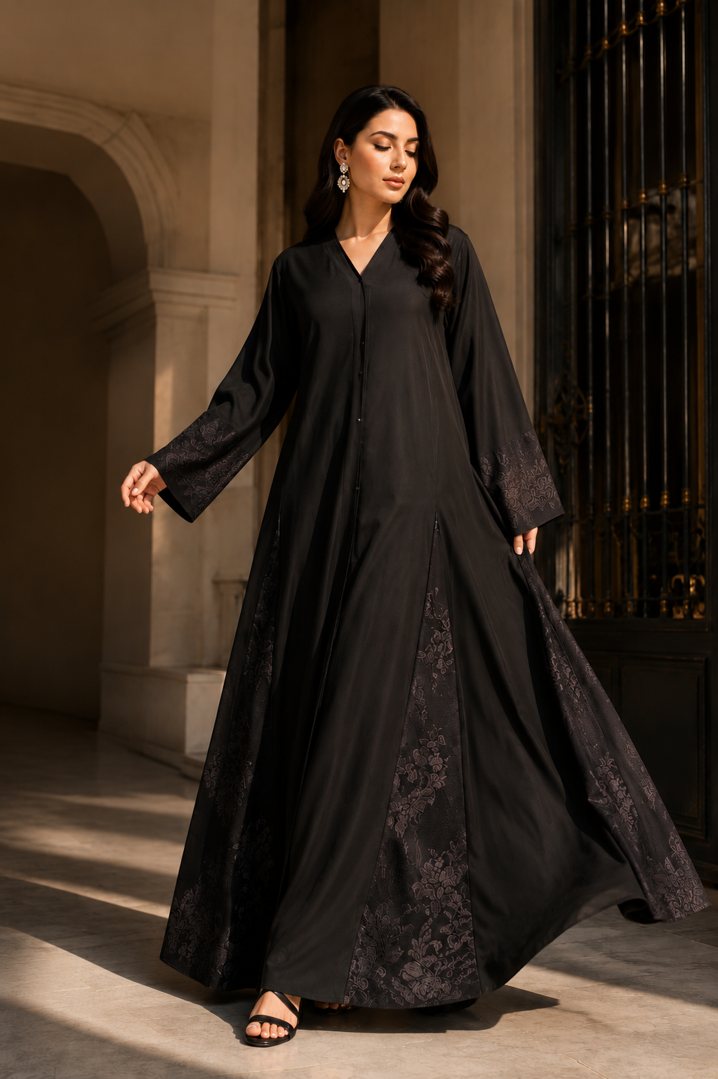 Premium Black A-Line Open-Front Abaya with Floral Lace