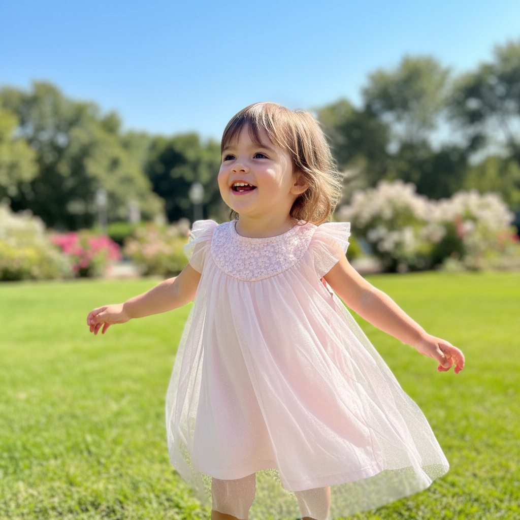 Girls' Blush Pink Tulle Ruffle Top with Floral Detail