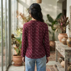 Women's Burgundy Bow Print V-Neck Long Sleeve Blouse