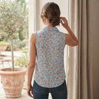 Women's Light Blue Floral Sleeveless Button-Up Blouse