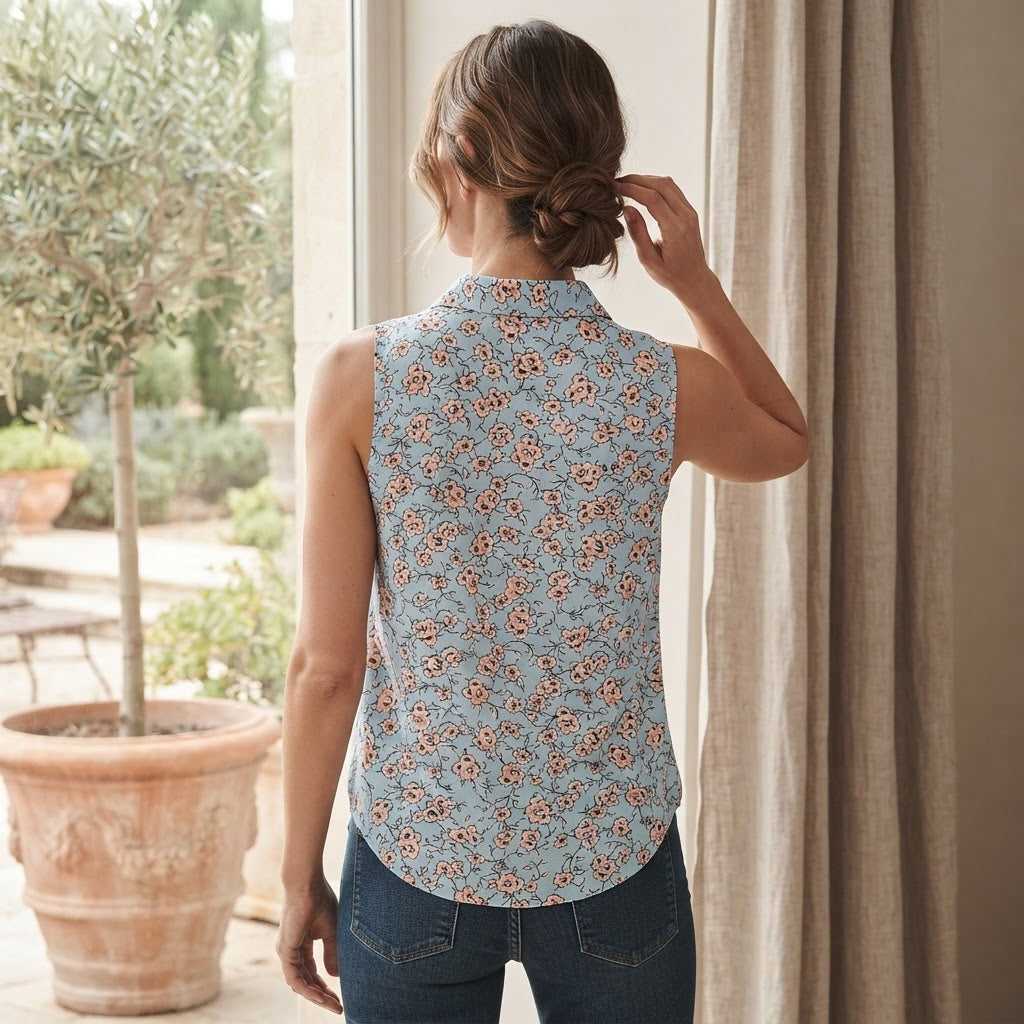 Women's Light Blue Floral Sleeveless Button-Up Blouse