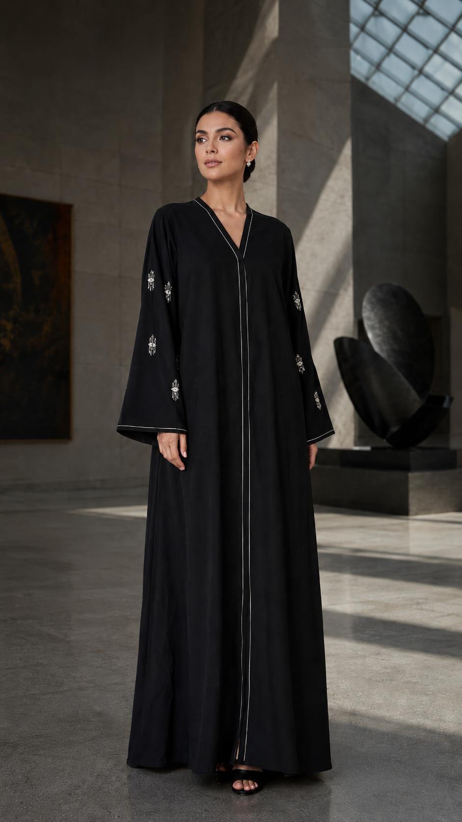 Black Pearl Embellished Open Front Abaya Size 56