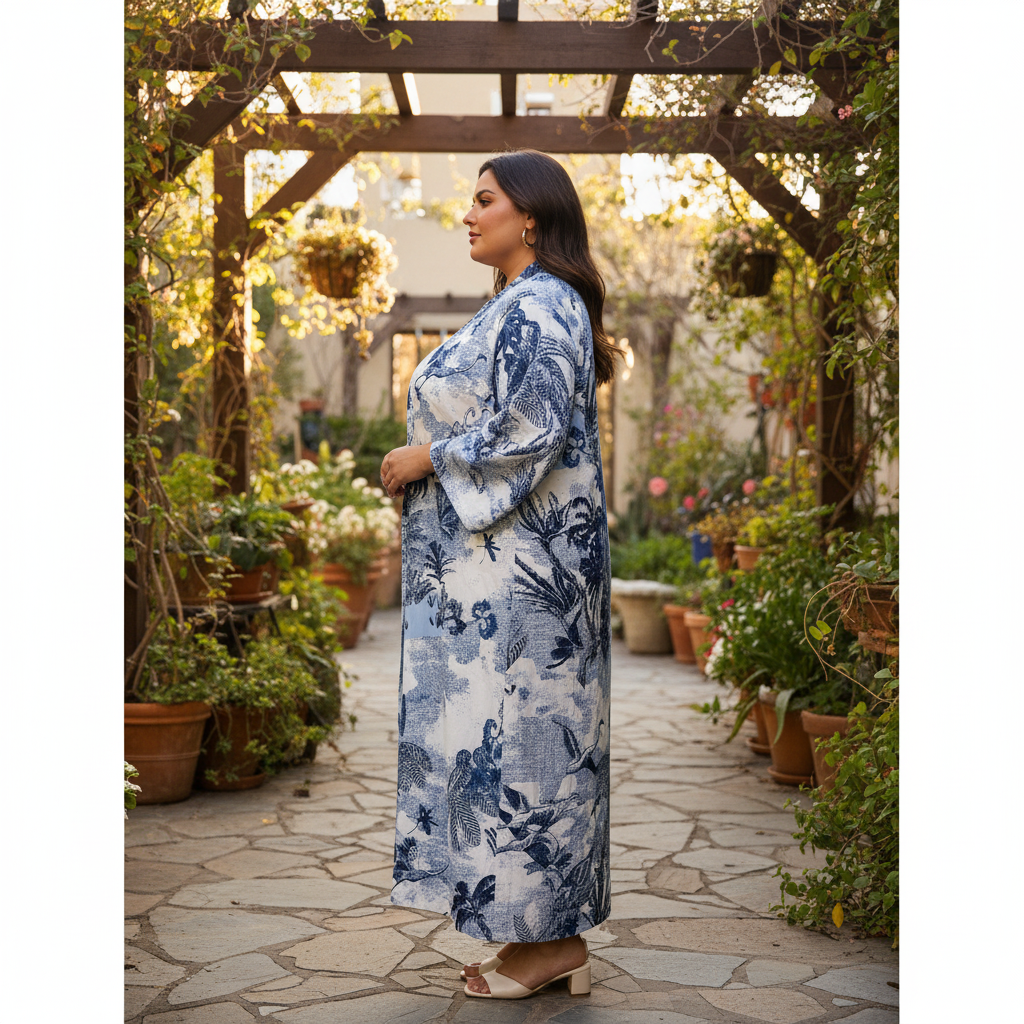 SHEIN Women's Blue and White Tropical Print Long Kimono Robe