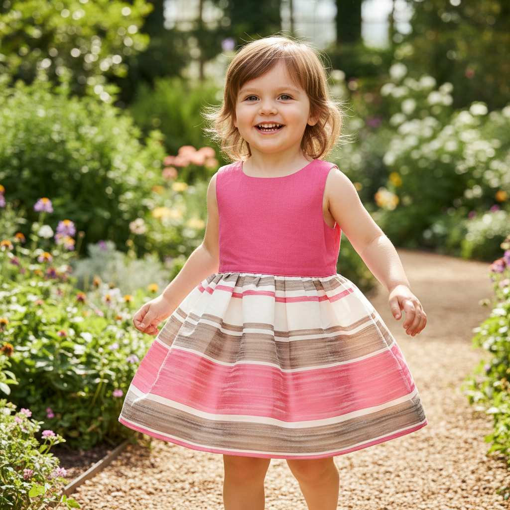 villalobos Kids Pink and Striped Sleeveless Fit-and-Flare Dr