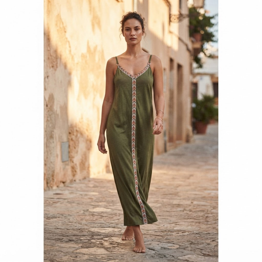 EMERY ROSE Olive Green Maxi Cami Dress with Chevron Trim