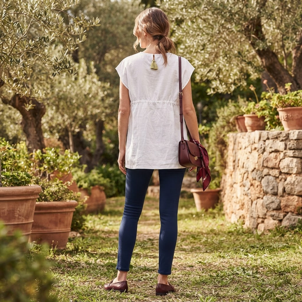 Women's White Embroidered Tassel Waist Tunic Top
