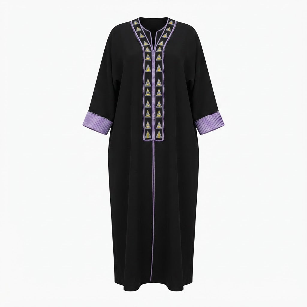 Black Abaya with Lavender Geometric Tribal Embroidery