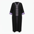 Black Abaya with Lavender Geometric Tribal Embroidery