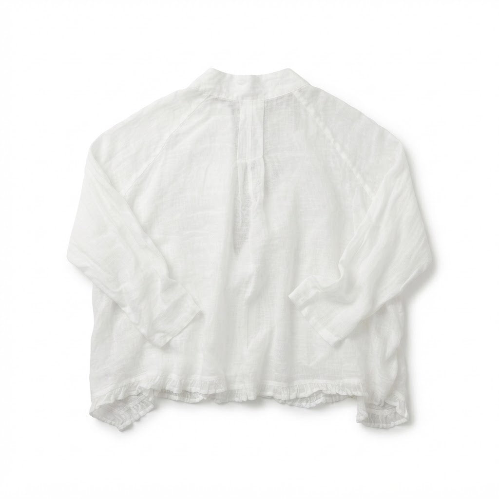 Women's White Linen Ruffle Hem Open Front Cardigan