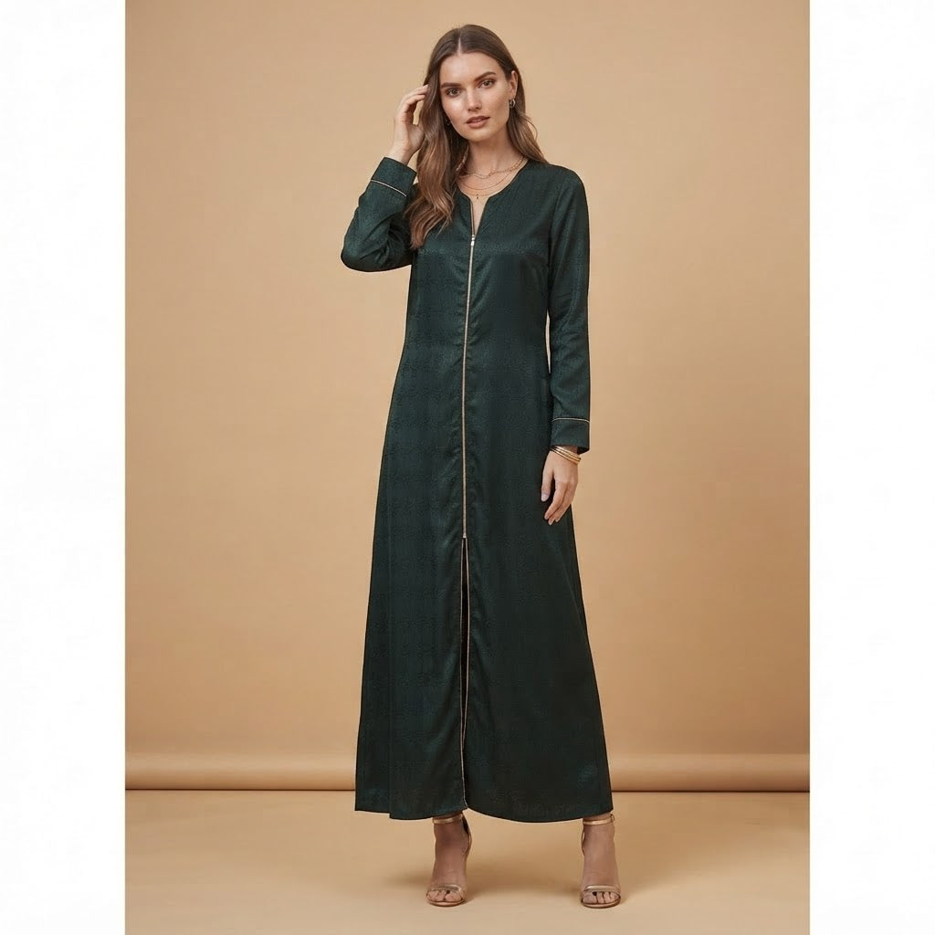 Women's Dark Green Jacquard Zip-Front Long Abaya